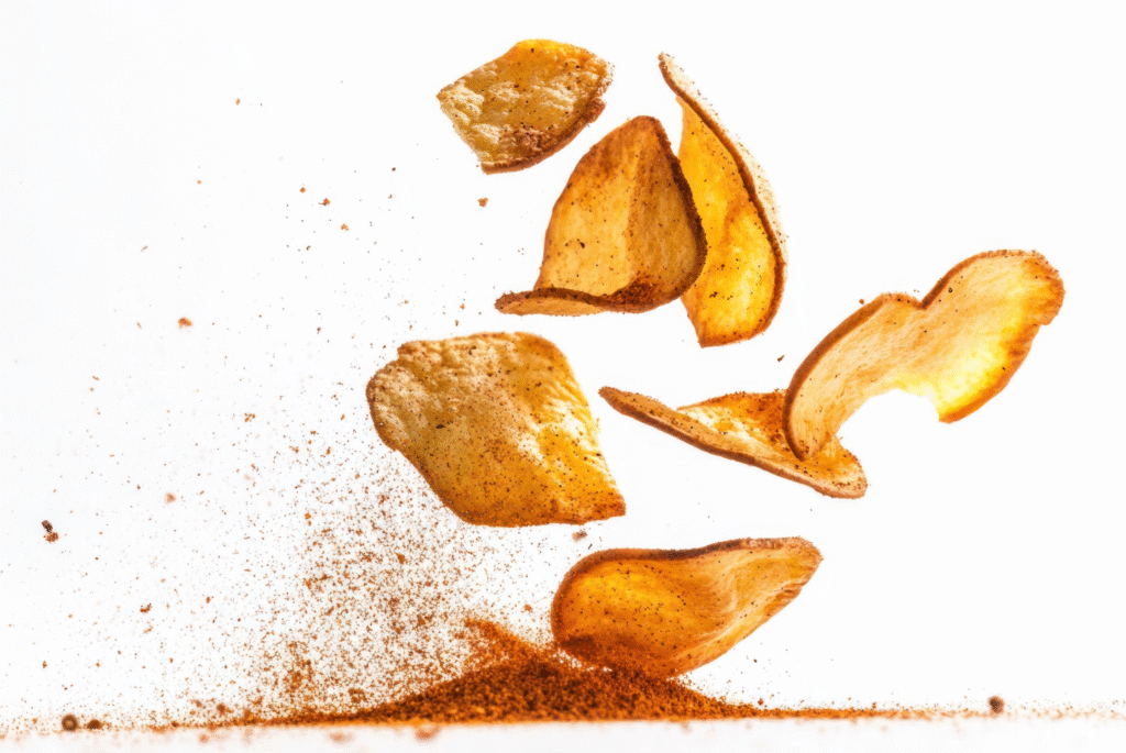 Spicy potato chips flying with seasoning powder on white background