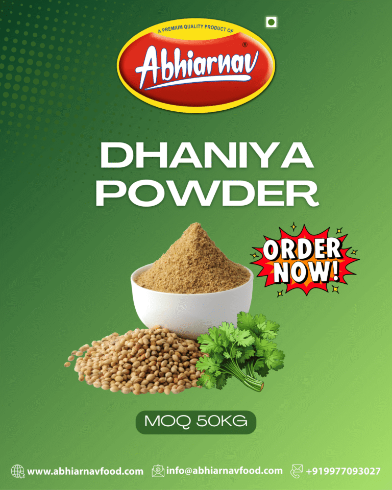 Premium Abhiarnav Dhaniya Powder MOQ 50KG - Leading seasoning manufacturer Indore supplying best namkeen masala bhujia seasoning potato chips masala fryums masala snacks seasoning food seasoning spice blends HoReCa quality masala powder manufacturers