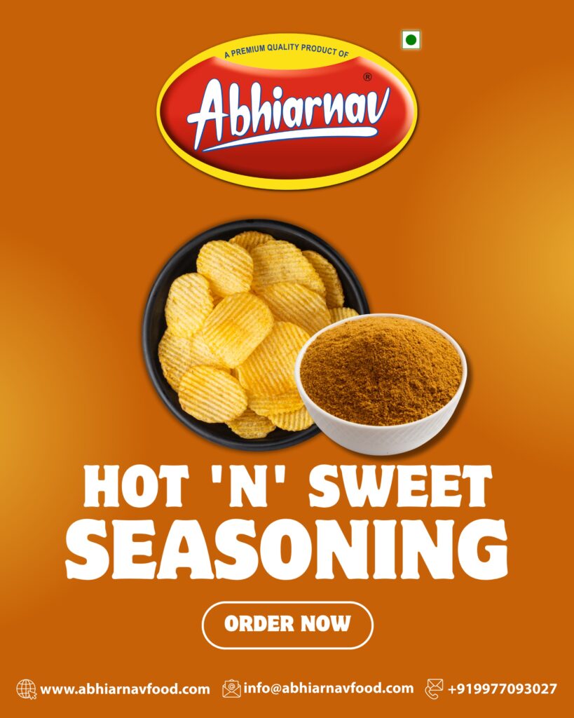 "Abhiarnav Hot 'n' Sweet Seasoning - Premium namkeen masala and bhujia seasoning powder with potato chips and spice bowl displayed against warm orange background"